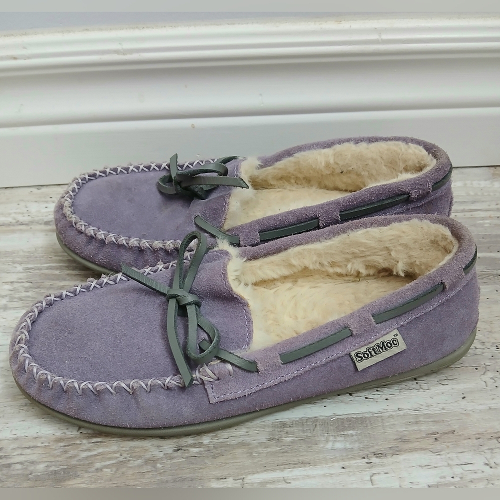 ​SoftMoc Faux Suede Moccasin Slippers Girls Size 3 Purple/Lilac Fuzzy Lined